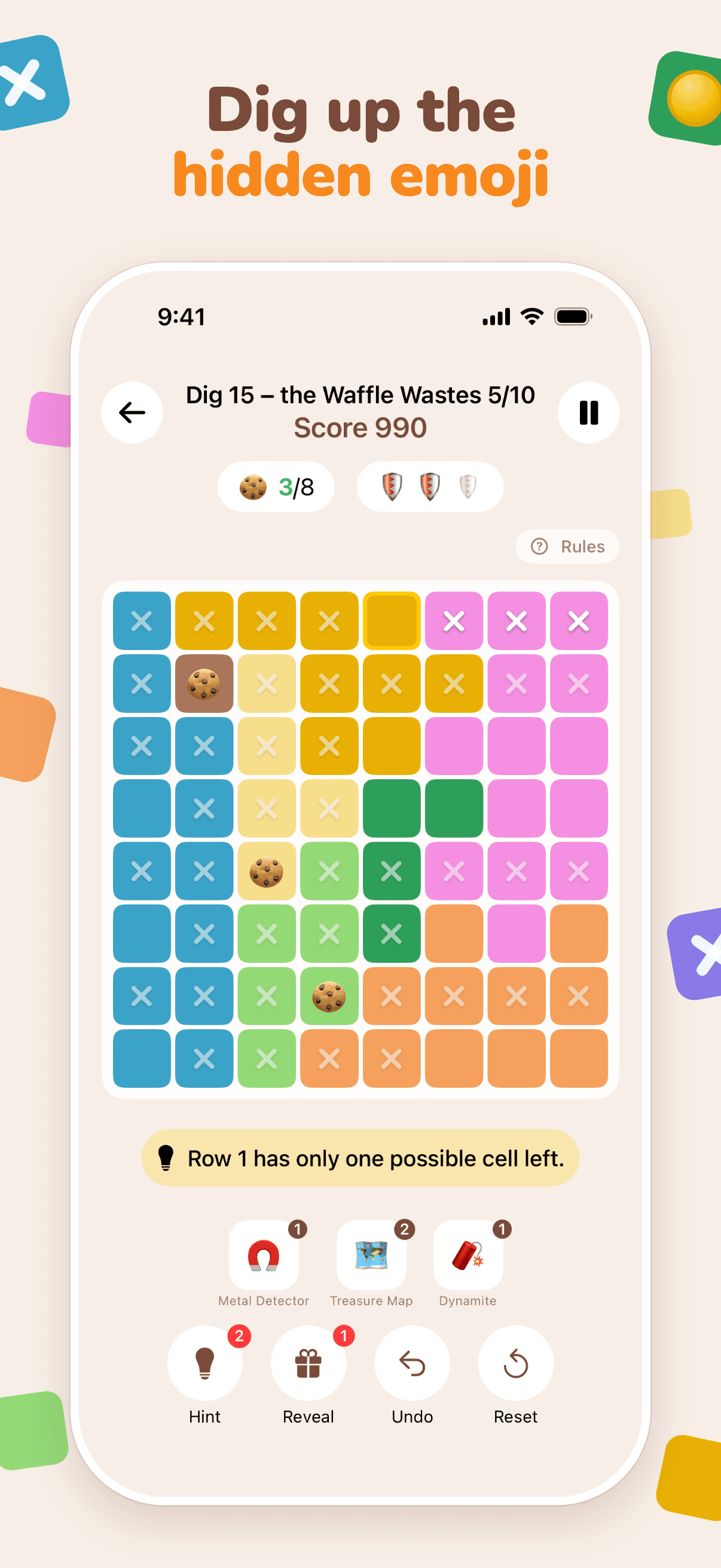 Dig up the hidden emoji: a mid-game 8×8 board with three cookies found, X marks and a hint