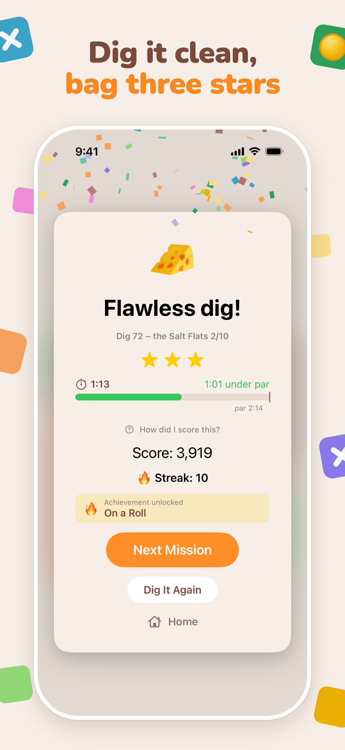 Dig it clean, bag three stars: a flawless win with confetti