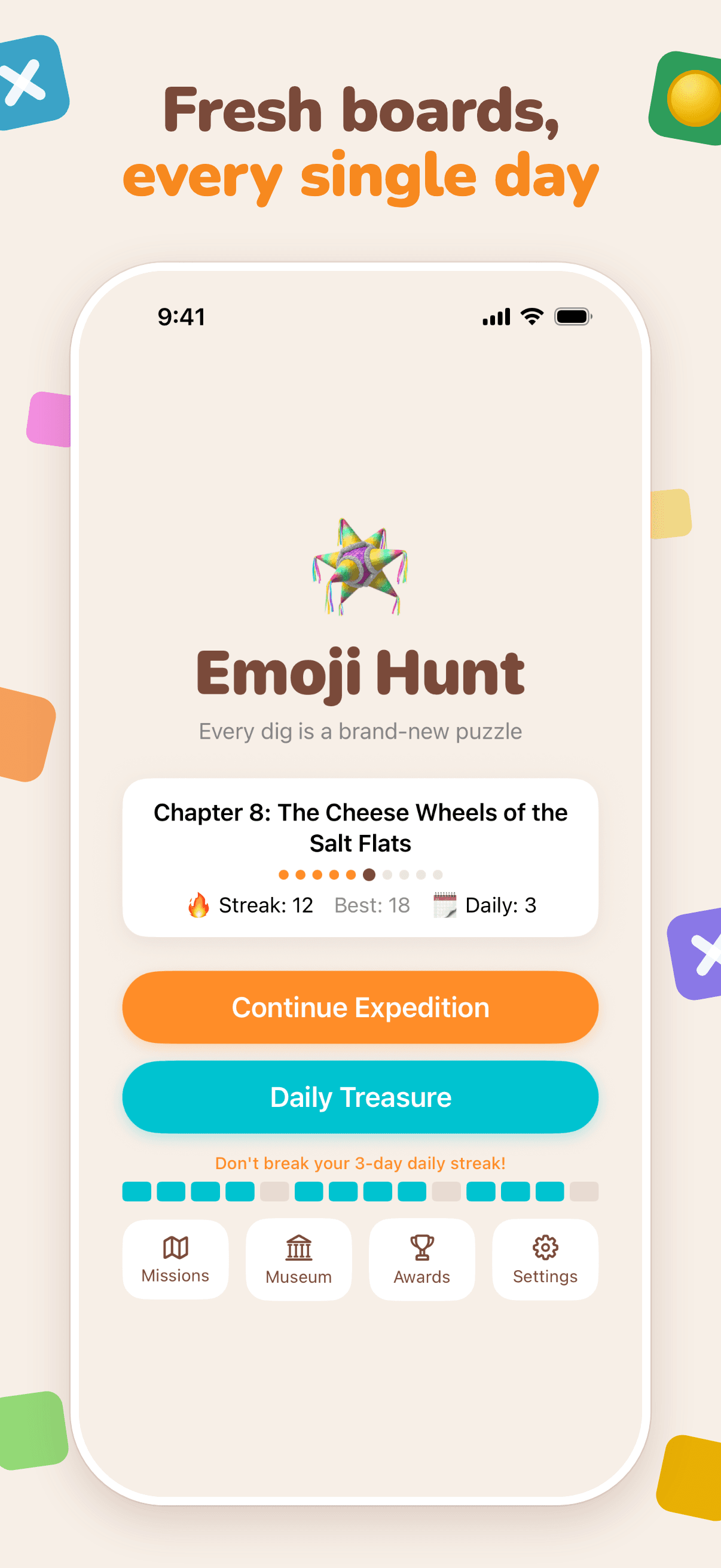 Fresh boards, every single day: the home screen with streaks and the daily tracker